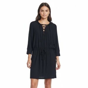 Chaser True Black Lace Up Front Dolman Sleeve Hooded Love Knit Dress Size Medium